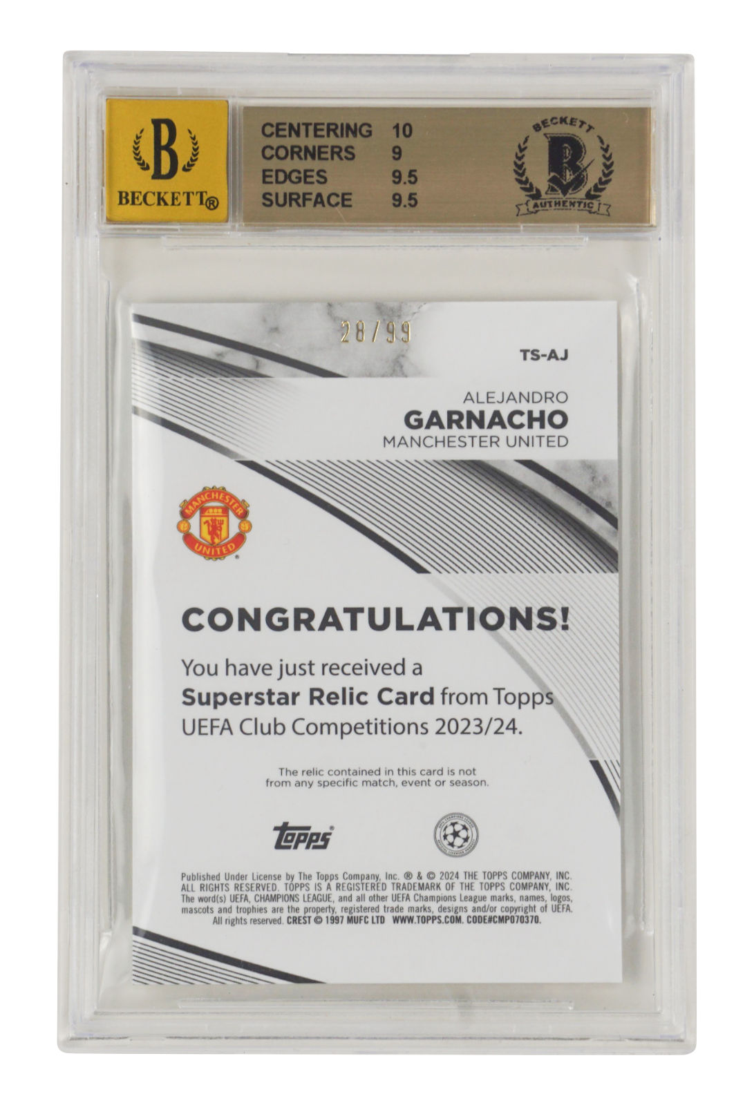 Alejandro Garnacho Signed 2023-24 Topps UCC Superstar Relics /99 – BGS 9.5